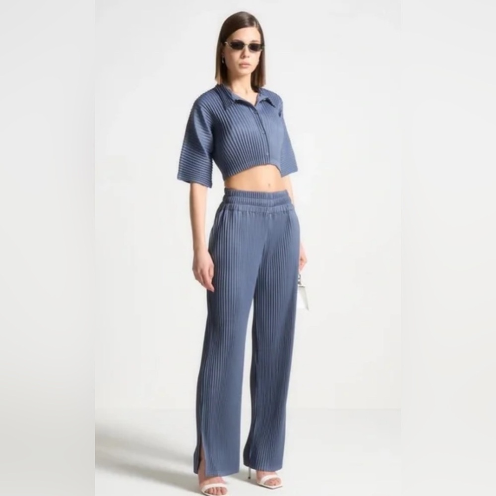 Manière de Voir Steel Blue Cropped Shirt/ Trouser Set Two Piece Top Bottom Sz 6